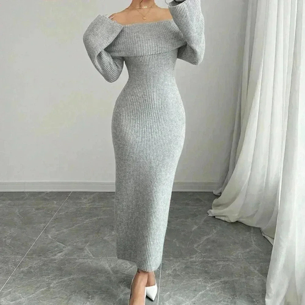 Grey Elegant Women's Off-Shoulder Long Sleeve Dress